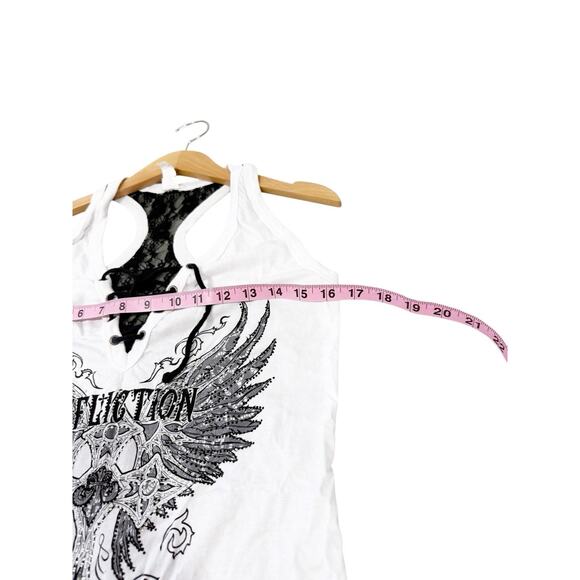Affliction Rhinestone Sparkle Lace Front Black White Lace Graphic Tank Top XL - Picture 5 of 6